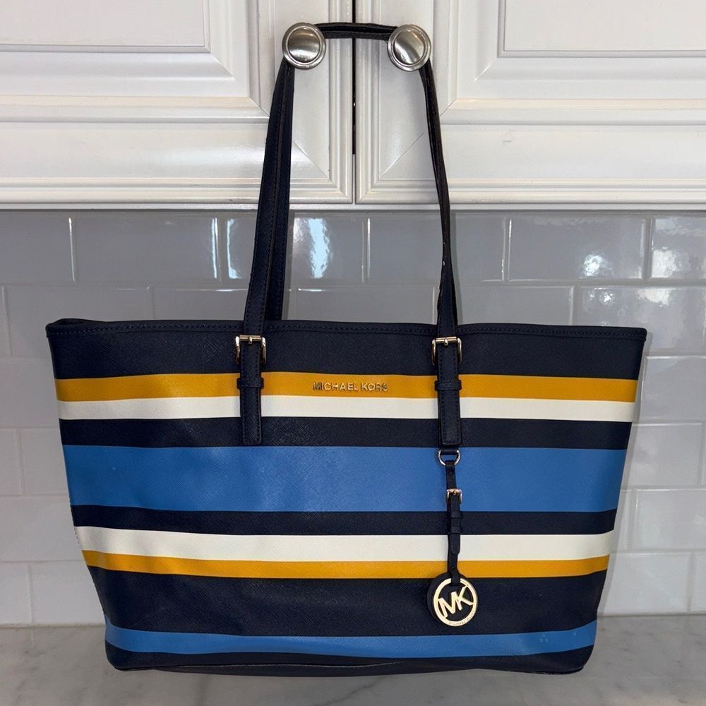 Michael Kors Bag Purse Handbag Leather Jet Set Colorful Striped Carry All Tote